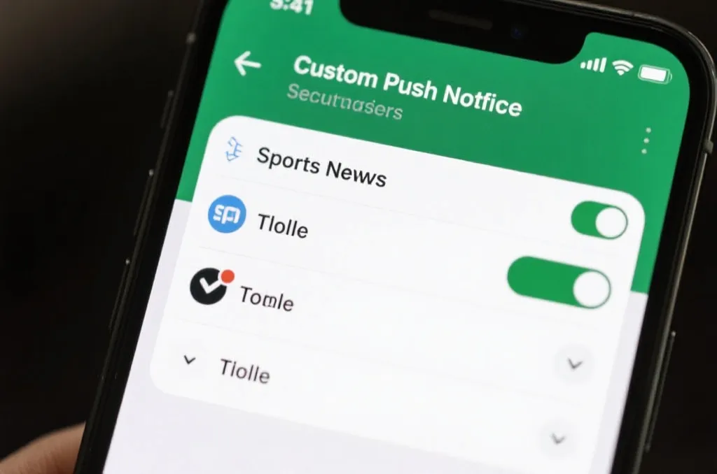 A smartphone displaying custom push notification settings for sports news with toggle switches and visual icons
