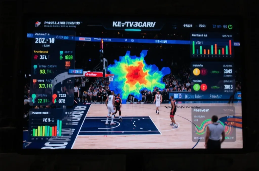 A basketball game on a screen with professional real-time stats, player heatmaps, and data visualization overlays