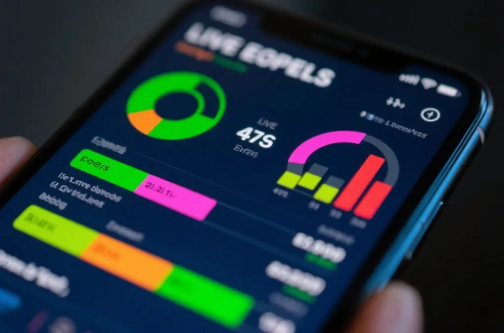A close-up of a mobile smartphone screen showing colorful live esports score statistics