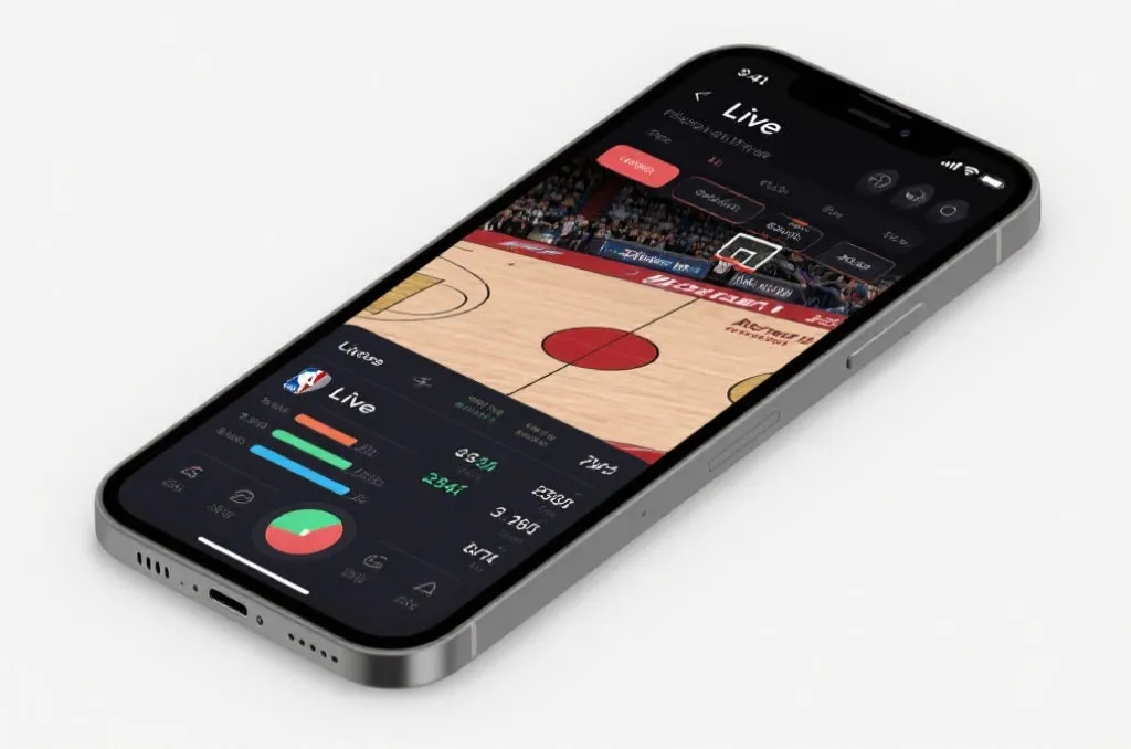 A modern smartphone displaying a live basketball game interface with live stats overlay, sports broadcasting concept