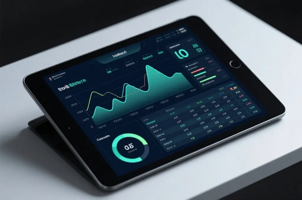 A high-tech digital interface on a tablet screen displaying abstract sports data graphs, statistics, and live match timetables, clean contemporary layout
